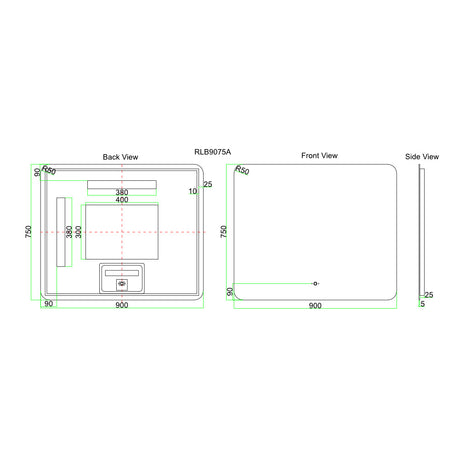 LED9075S - 900x750x5mm Copper Free Rectangular Shape LED Mirror – alternate view