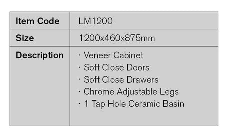 LM1200 - 1200x460x875mm Veneer Cabinet Vanity with Ceramic Basin – detail view