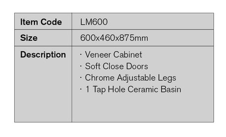 LM600 - 600x460x875mm Veneer Cabinet Vanity with Ceramic Basin – detail view