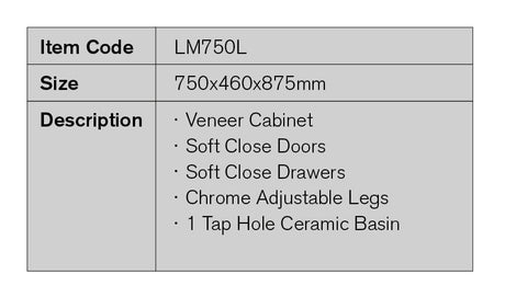 LM750L - 750x460x875mm Veneer Cabinet Vanity with Ceramic Basin – detail view