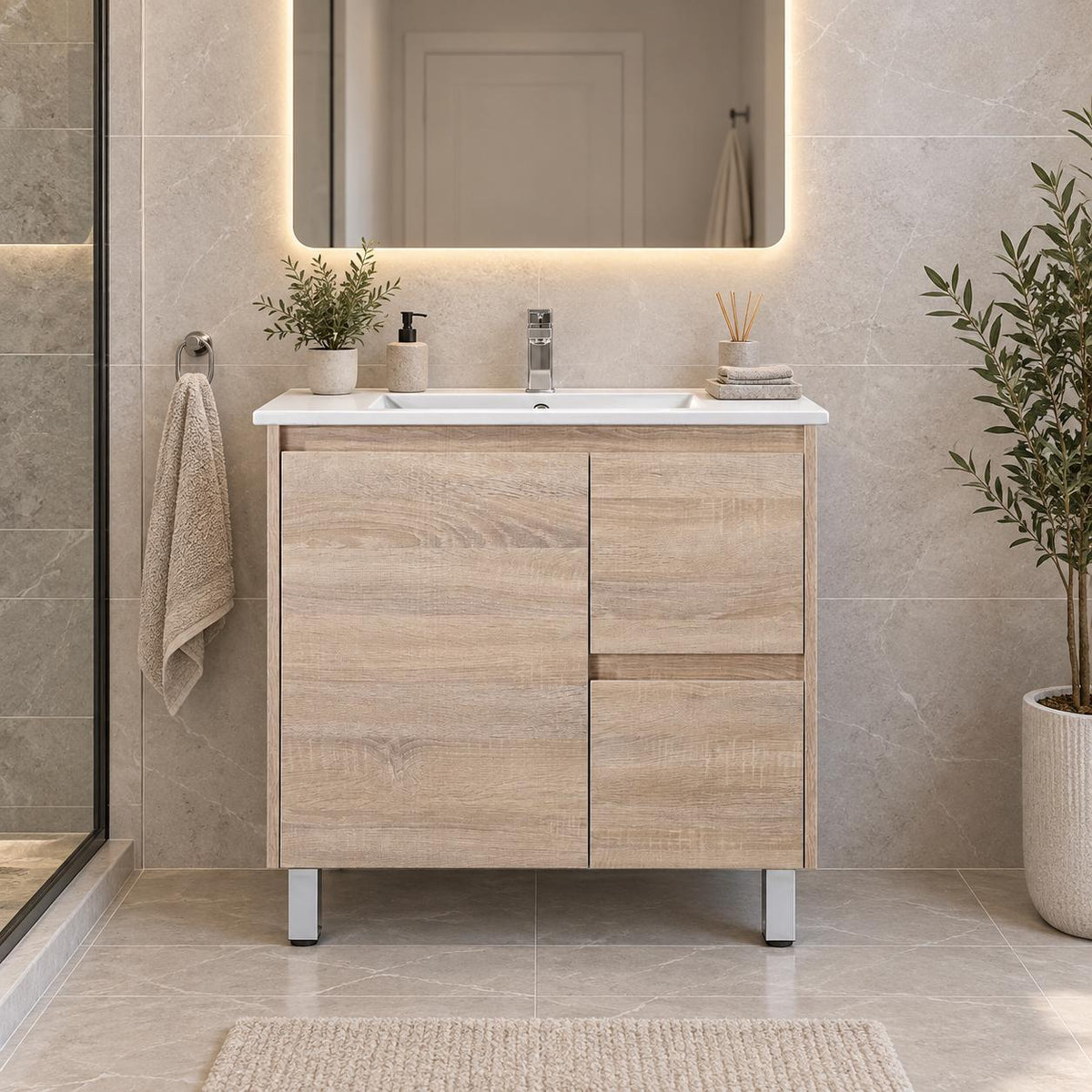 Gina 750mm Light Oak Vanity Right Hand Drawers on Legs - 750x460x880mm