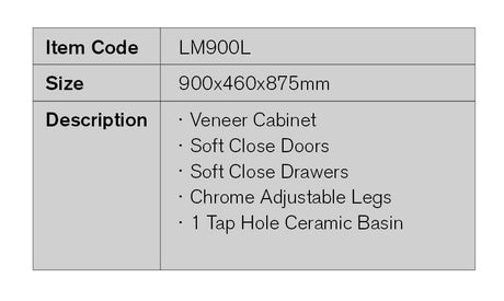 LM900L - 900x460x875mm Veneer Cabinet Vanity with Ceramic Basin – detail view