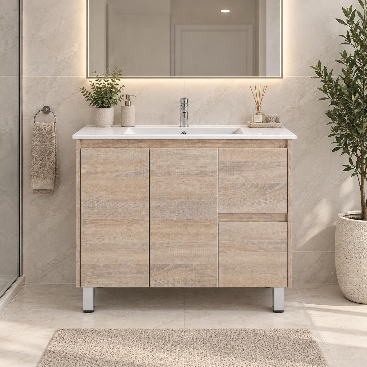 Gina 900mm Light Oak Vanity Right Hand Drawers on Legs - 900x460x880mm