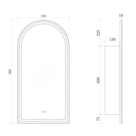 LSA4590 - 450x900x130mm Matte White Polyurethane Arch LED Cabinet with Pencil Mirror – detail view