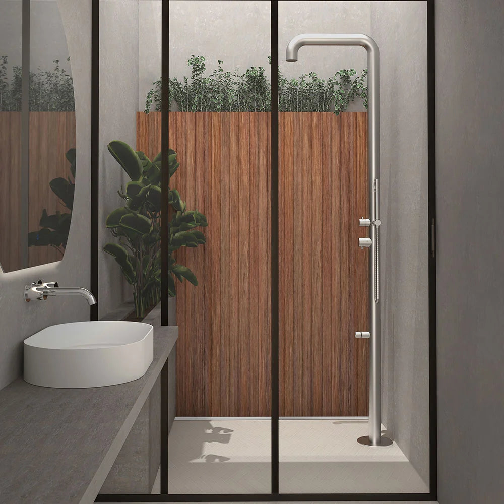 Parisi Envy II Outdoor Shower Column with Square Shower Arm and Fixed Overhead Shower