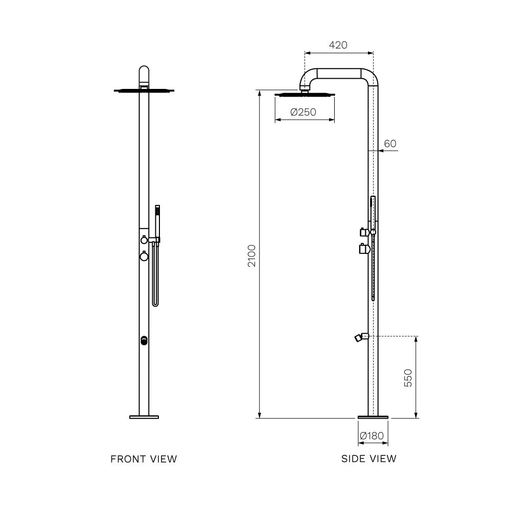 Parisi Envy II Outdoor Shower Column with Square Shower Arm and 250mm Overhead Shower