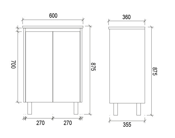 PE600 - 600x360x875mm PVC Waterproof Vanity with Ceramic Basin – alternate view