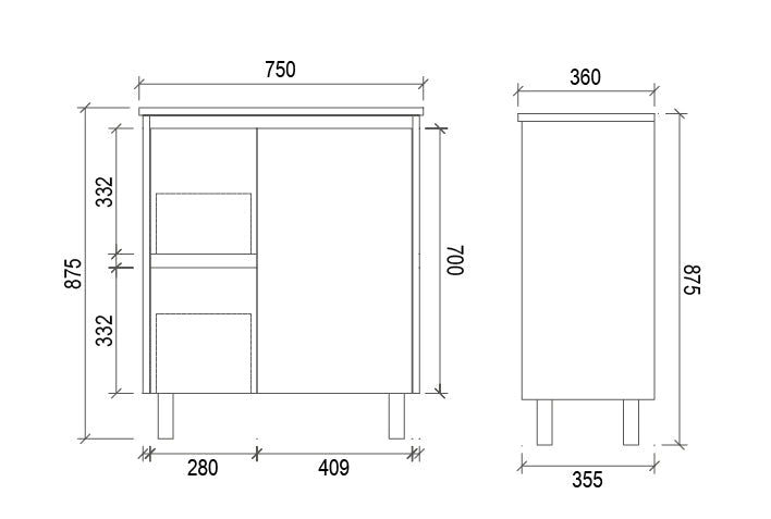 PE750L - 750x360x875mm PVC Waterproof Vanity with Ceramic Basin – alternate view