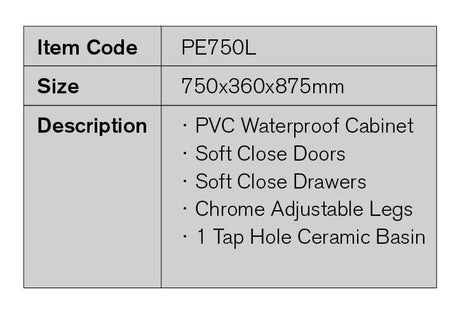 PE750L - 750x360x875mm PVC Waterproof Vanity with Ceramic Basin – detail view