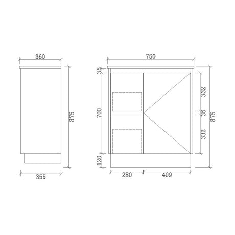 PE750L-KB - 750x360x880mm Kickboard PVC Waterproof Vanity with Ceramic Basin – alternate view