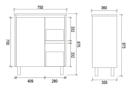 PE750R - 750x360x875mm PVC Waterproof Vanity with Ceramic Basin – alternate view