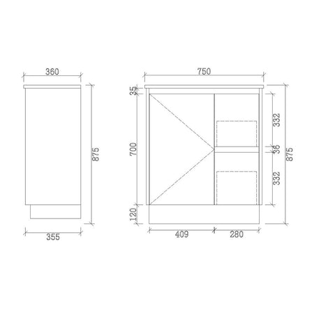 PE750R-KB - 750x360x880mm Kickboard PVC Waterproof Vanity with Ceramic Basin – alternate view