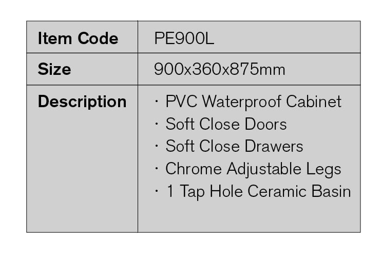 PE900L - 900x360x875mm PVC Waterproof Vanity with Ceramic Basin – detail view