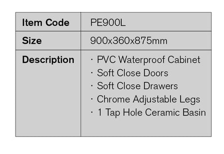 PE900L - 900x360x875mm PVC Waterproof Vanity with Ceramic Basin – detail view