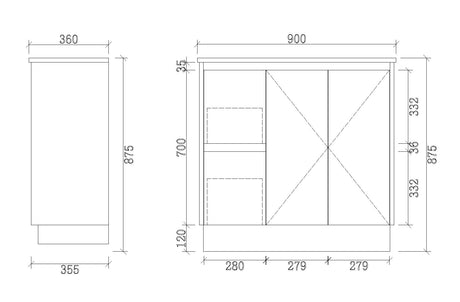 PE900L-KB - 900x360x880mm Kickboard PVC Waterproof Vanity with Ceramic Basin – alternate view