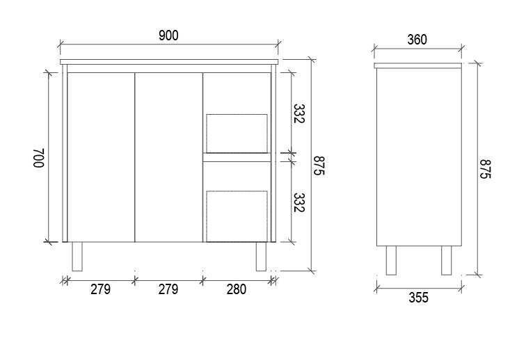 PE900R - 900x360x875mm PVC Waterproof Vanity with Ceramic Basin – alternate view