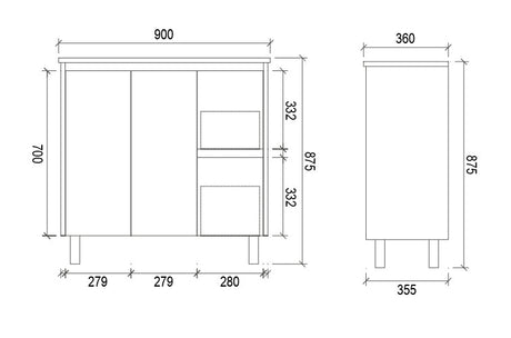 PE900R - 900x360x875mm PVC Waterproof Vanity with Ceramic Basin – alternate view