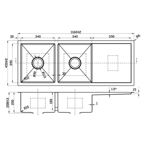 Eden Double Bowl Single Drainer Sink 1160mm – alternate view