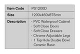 PS1200D - 1200x460x875mm PVC Waterproof Vanity with Double Bowl Ceramic Basin – detail view