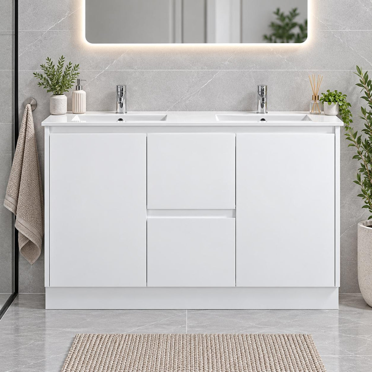 Presley 1200mm PVC Vanity on Kickboard Double Bowl - 1200x460x880mm