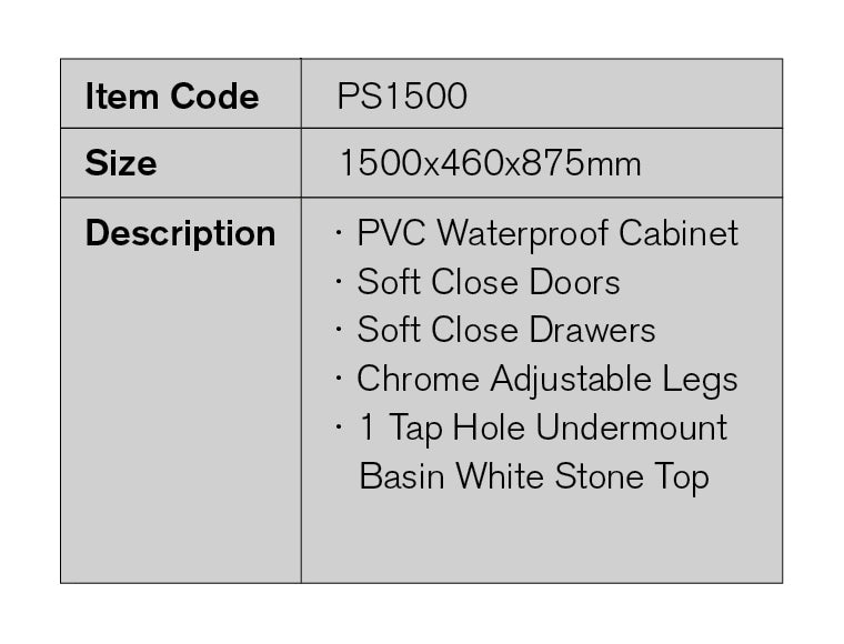 PS1500 - 1500x460x875mm PVC Waterproof Vanity with Undermount Basin and White Stone Top – detail view