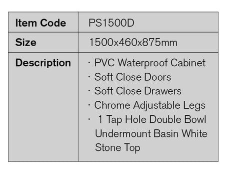 PS1500D - 1500x460x875mm PVC Waterproof Vanity with Double Bowl Undermount Basin – detail view