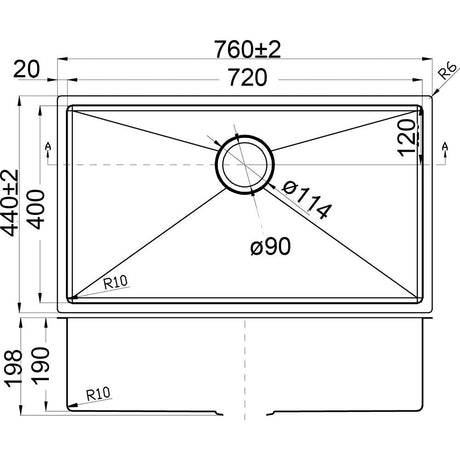 Eden Single Bowl Above / Undermount Sink 720mm – alternate view