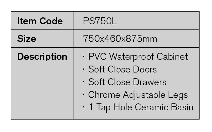 PS750L - 750x460x875mm PVC Waterproof Vanity with Ceramic Basin – detail view