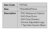 PS750L - 750x460x875mm PVC Waterproof Vanity with Ceramic Basin – detail view