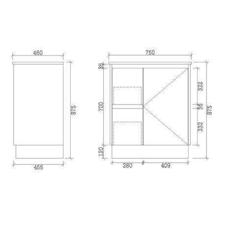 PS750L-KB - 750x460x880mm Kickboard PVC Waterproof Vanity with Ceramic Basin – alternate view