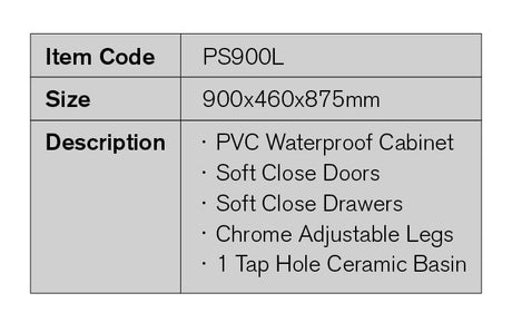 PS900L - 900x460x875mm PVC Waterproof Vanity with Ceramic Basin – detail view