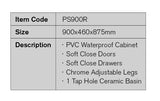 PS900R - 900x460x875mm PVC Waterproof Vanity with Ceramic Basin – detail view