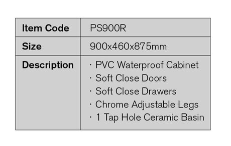 PS900R - 900x460x875mm PVC Waterproof Vanity with Ceramic Basin – detail view