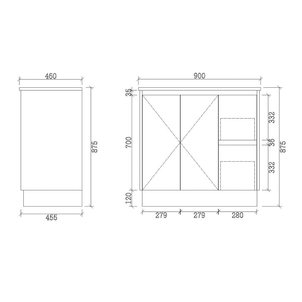 PS900R-KB - 900x460x880mm Kickboard PVC Waterproof Vanity with Ceramic Basin – alternate view