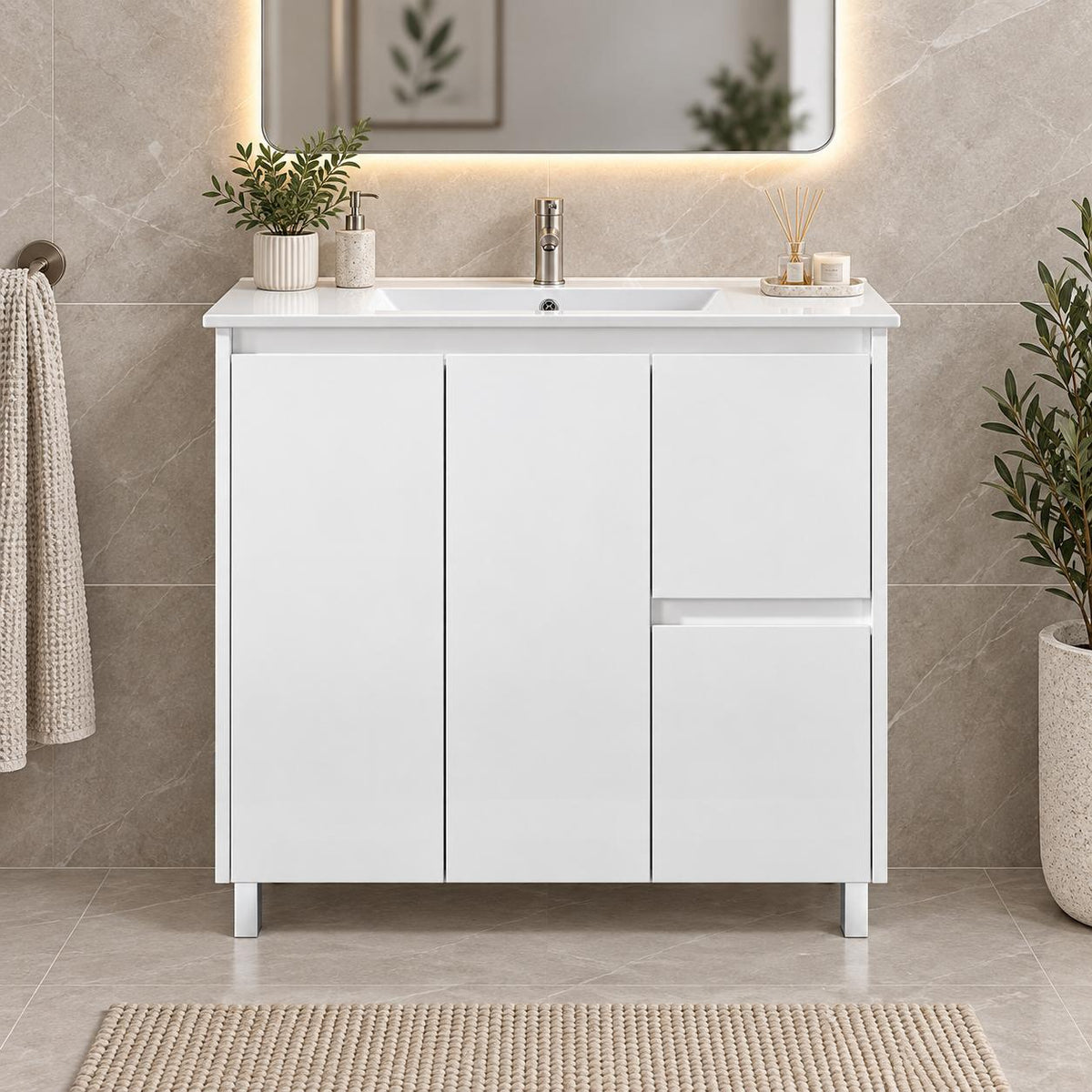 Felix 900mm MDF Polyurethane Vanity Right Hand Draws on Legs - 900x460x875mm