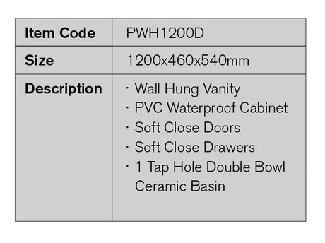 PWH1200D - 1200x460x540mm Wall Hung PVC Waterproof Vanity with Double Bowl Ceramic Basin – detail view
