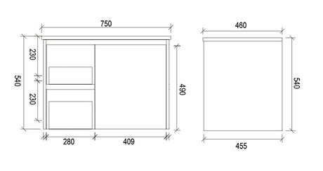 PWH750L - 750x460x540mm Wall Hung PVC Waterproof Vanity with Ceramic Basin – alternate view