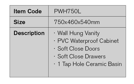 PWH750L - 750x460x540mm Wall Hung PVC Waterproof Vanity with Ceramic Basin – detail view
