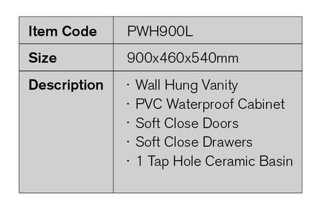 PWH900L - 900x460x540mm Wall Hung PVC Waterproof Vanity with Ceramic Basin – detail view