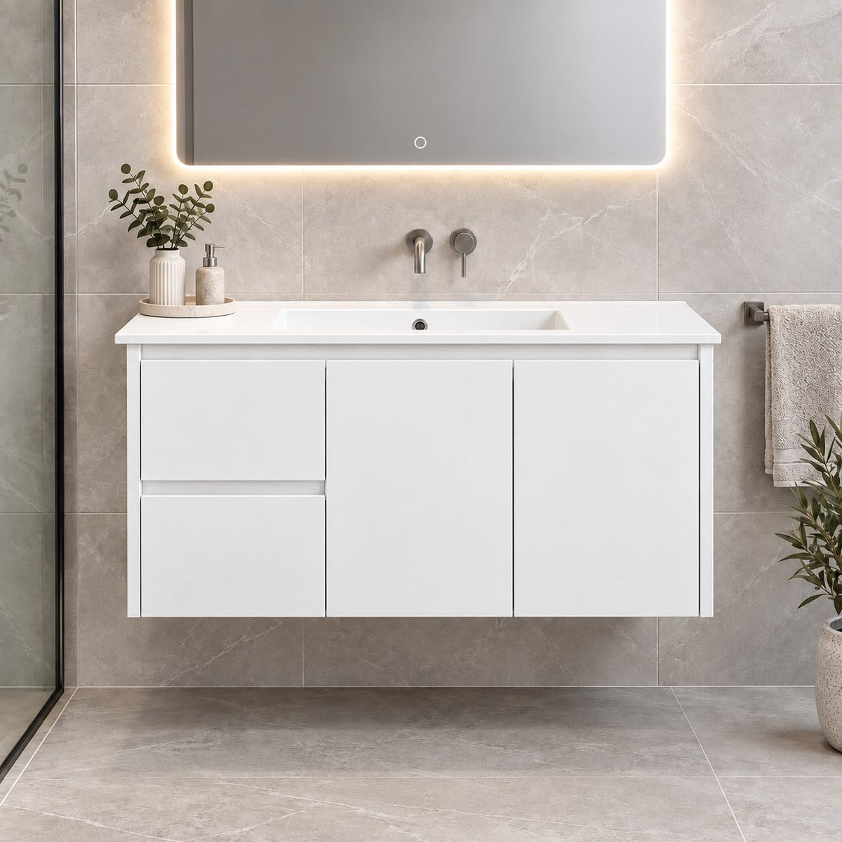 Paula 900mm PVC Slim Vanity Left Hand Draws Wall Hung 1th - 900x365x545mm