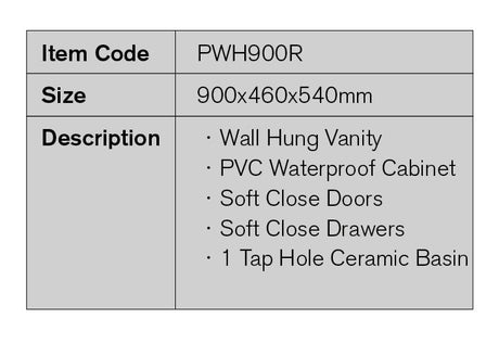 PWH900R - 900x460x540mm Wall Hung PVC Waterproof Vanity with Ceramic Basin – detail view
