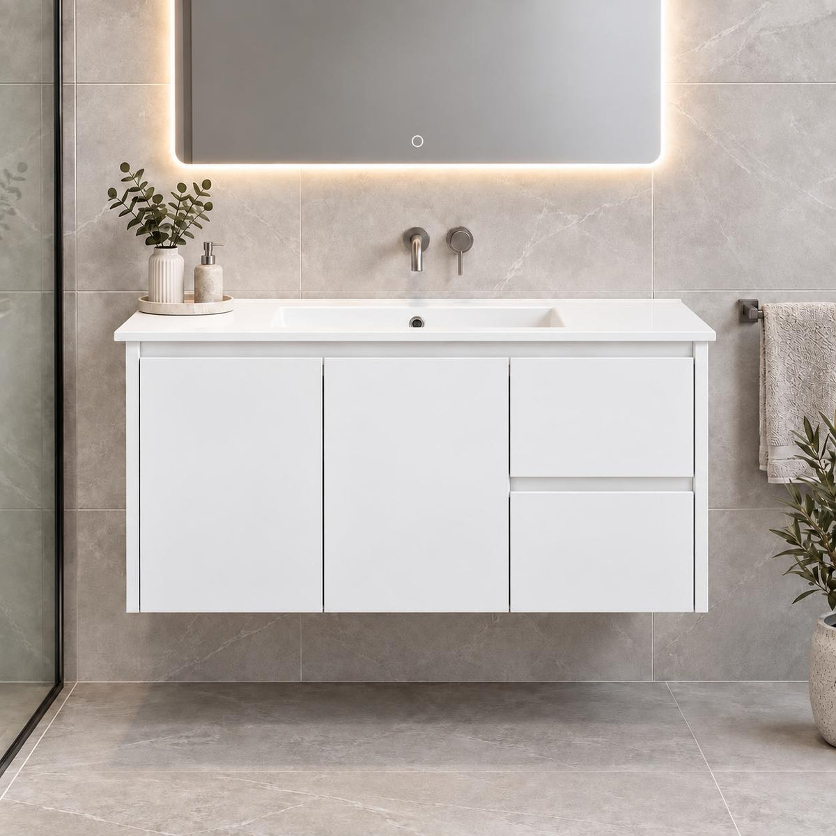 Paula 900mm PVC Slim Vanity Right Hand Draws Wall Hung 1th - 900x365x545mm