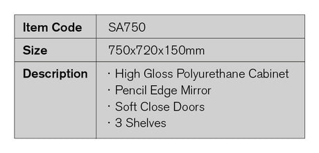 SA750 - 750x720x150mm High Gloss Polyurethane Cabinet with Pencil Edge Mirror – detail view