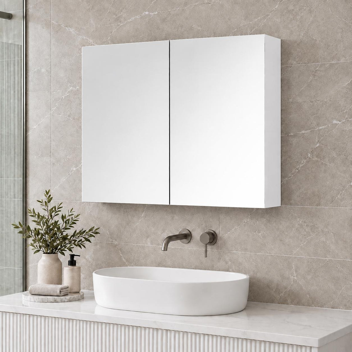 750mm PVC Shaving Cabinet Gloss White - 750 x 720 x 150mm