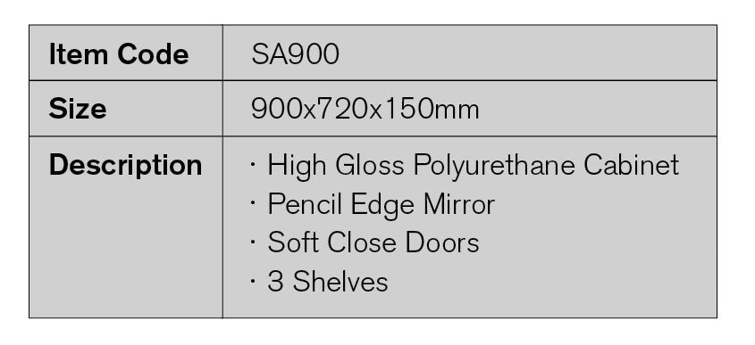SA900 - 900x720x150mm High Gloss Polyurethane Cabinet with Pencil Edge Mirror – detail view