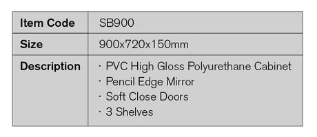SB900 - 900x720x150mm PVC High Gloss Polyurethane Cabinet with Pencil Edge Mirror – alternate view