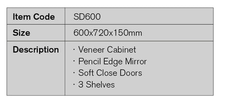 SD600 - 600x720x150mm Veneer Cabinet with Pencil Edge Mirror – detail view