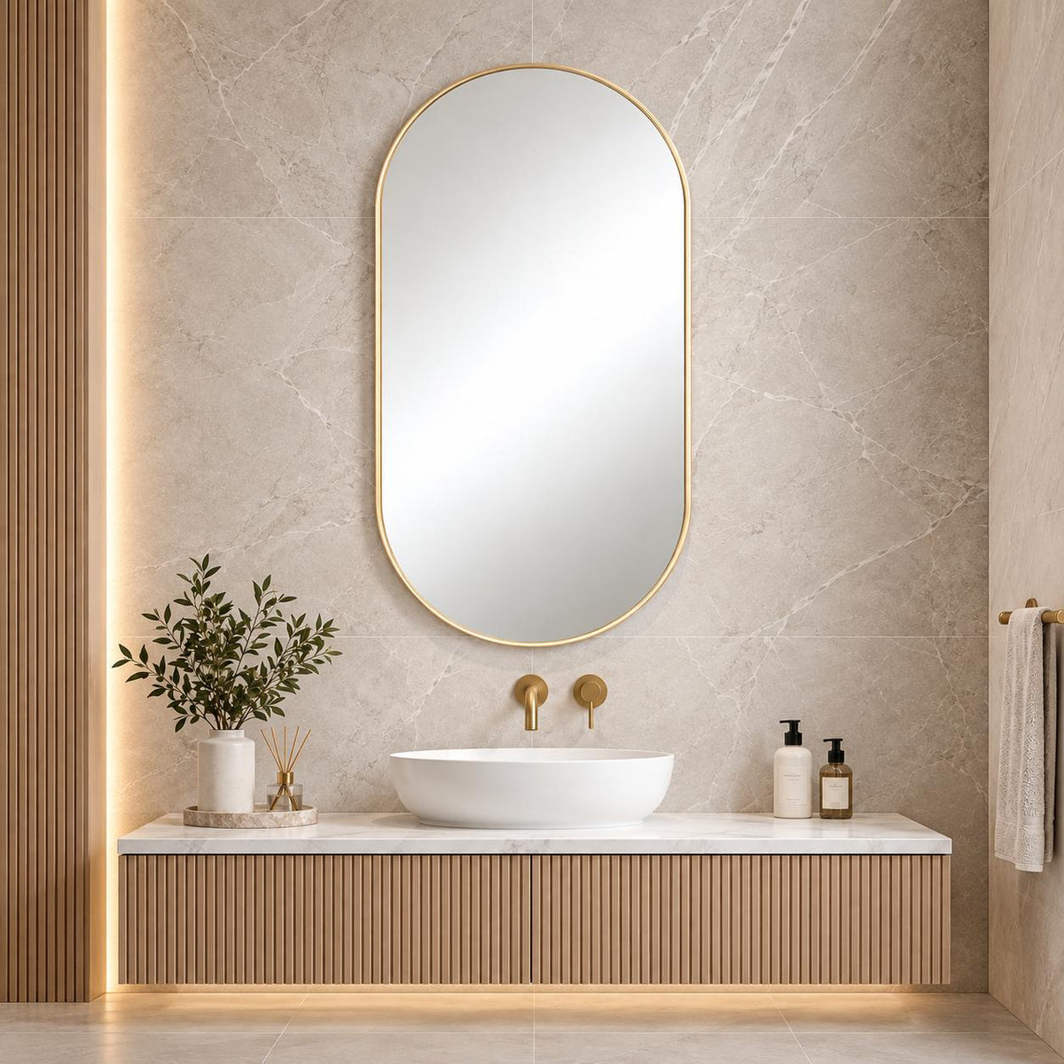 Pill Brushed Gold Framed Mirror - 600 x 900mm