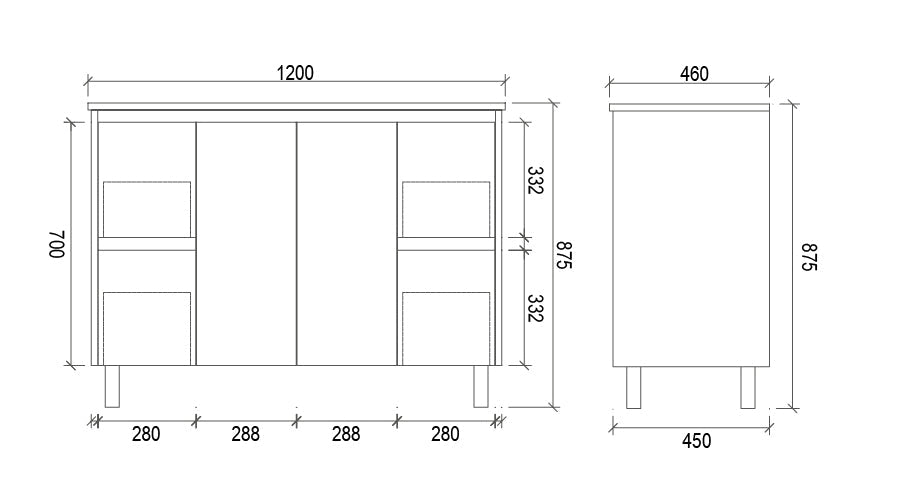 SH1200 - 1200x460x875mm Matte Finish Polyurethane Cabinet with Shaker Doors – alternate view