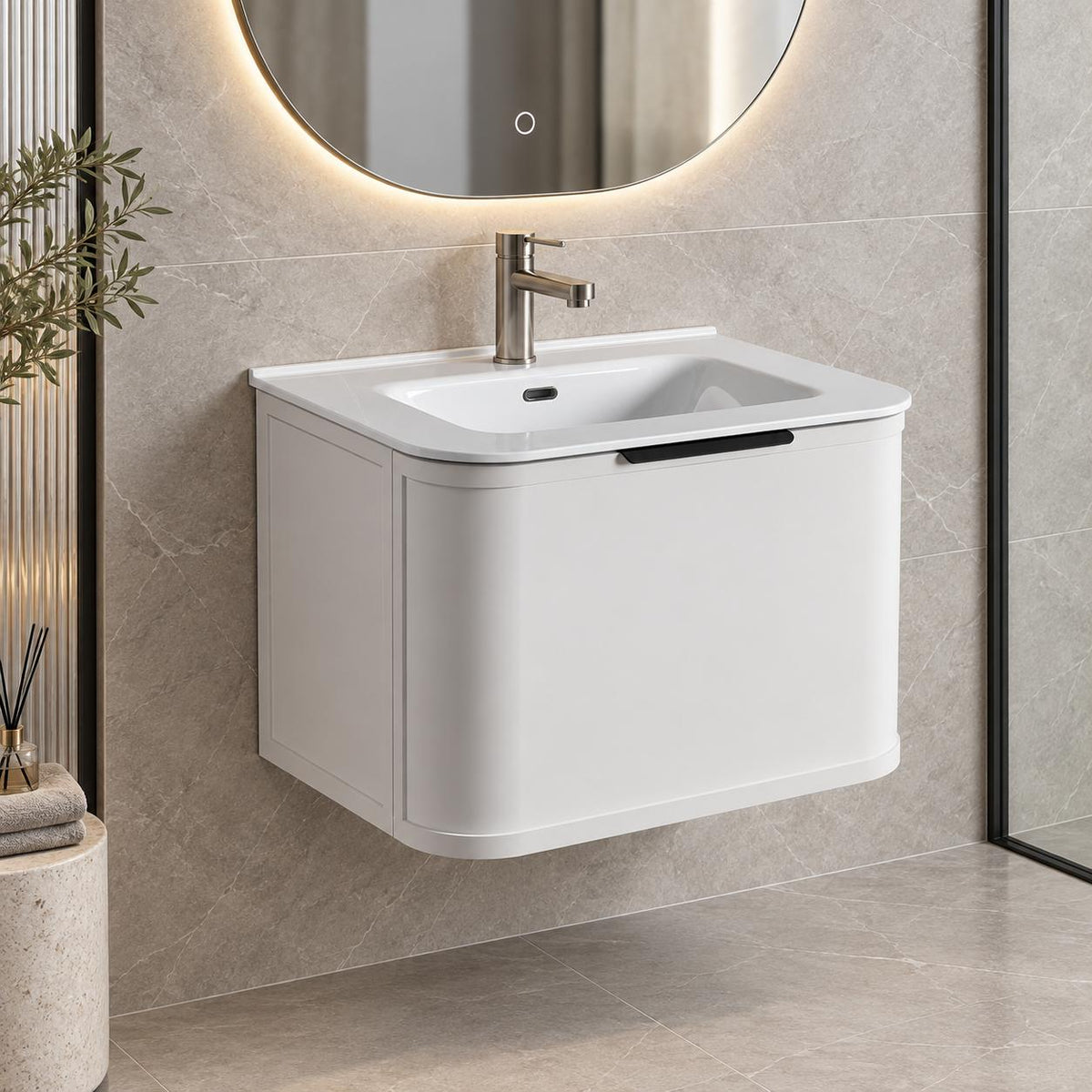 Whitney 600mm Curved Shaker Door Vanity Wall Hung Matte White - 600x460x420mm